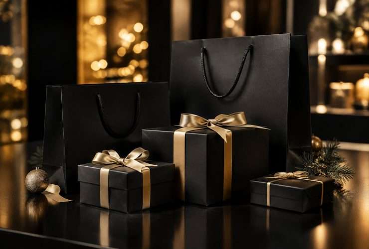 Schwarze Einkaufstaschen und Geschenkboxen mit goldenen Schleifen auf einer dunklen Fläche.