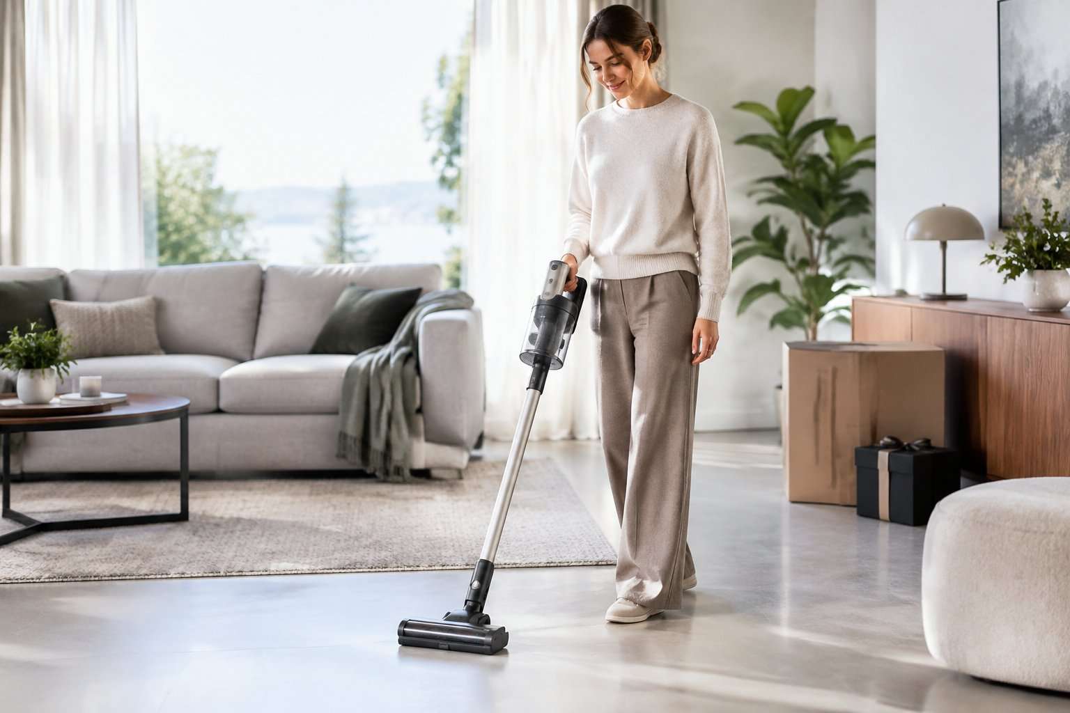 Eine Person saugt mit einem kabellosen Staubsauger den Boden eines modernen Wohnzimmers.